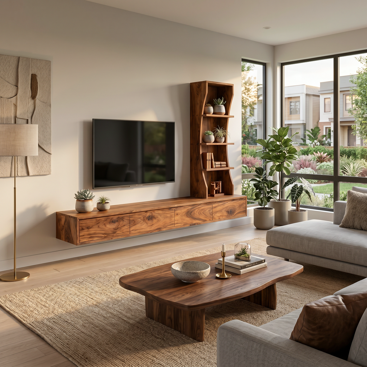 Wall Mounted Wood TV Console With Vertical Storage For Living