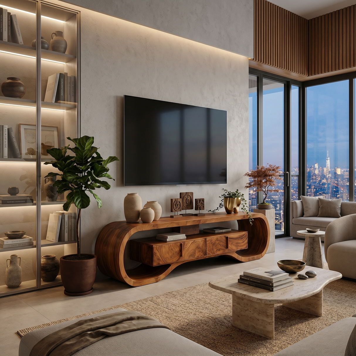 Organic Wood TV Cabinet For Living Room Media Storage