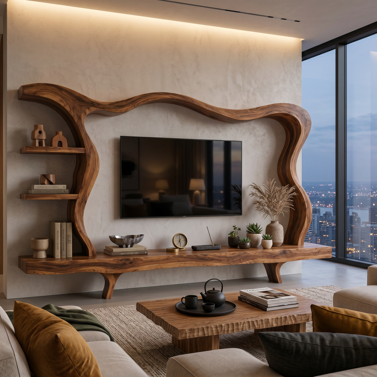 Modern Wood TV Stand With Flowing Frame For Home Decor