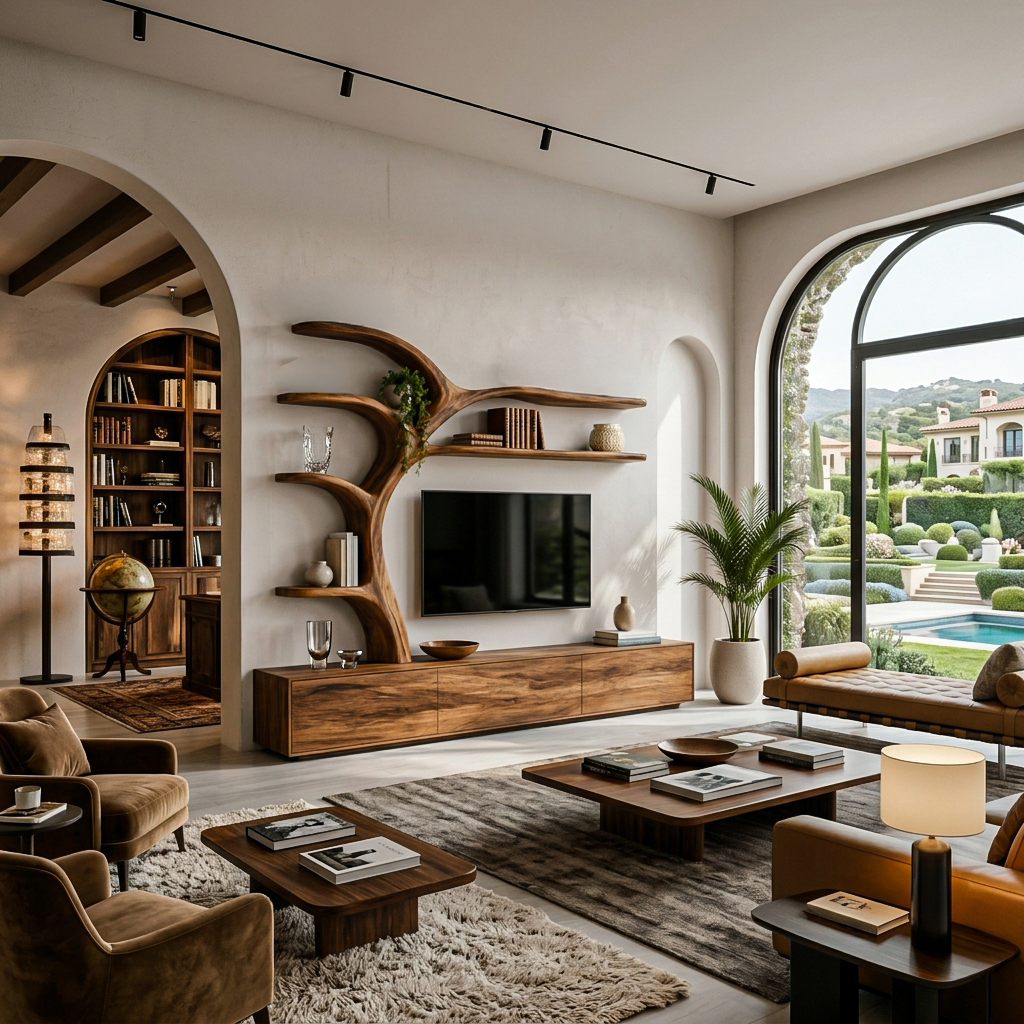 Wooden TV Stand With Branch Display Shelves For Living Room