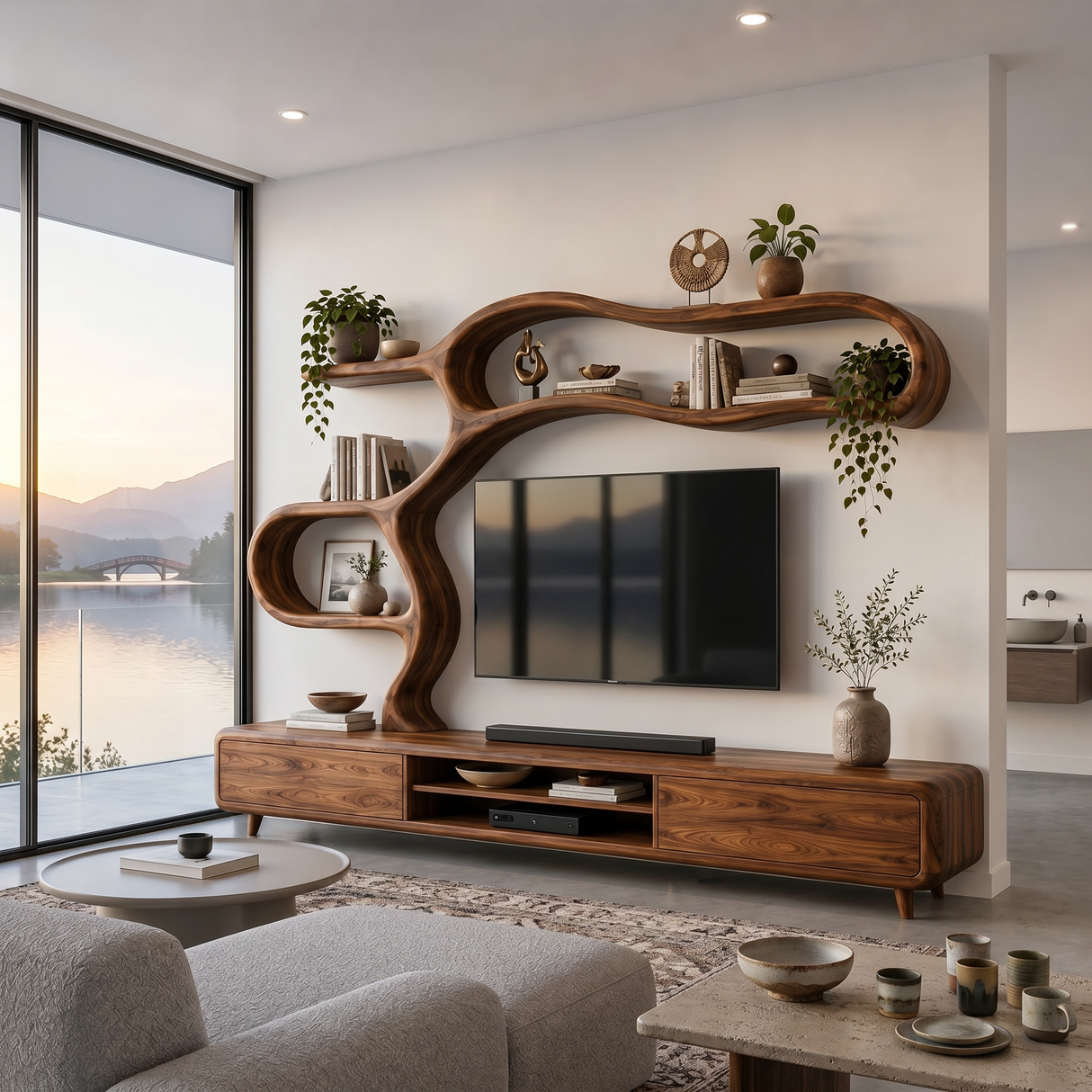 Contemporary Wooden TV Cabinet With Sculptural Frame For Living Room