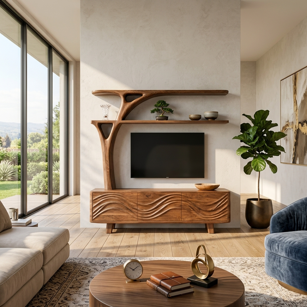 Luxury Wood TV Cabinet With Sculptural Open Shelving For Interior