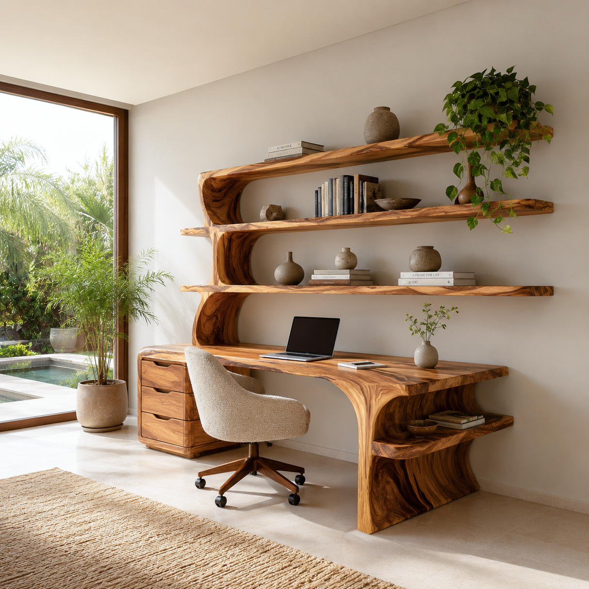 Sculptural Wood Desk With Curved Shelving And Drawer For Office
