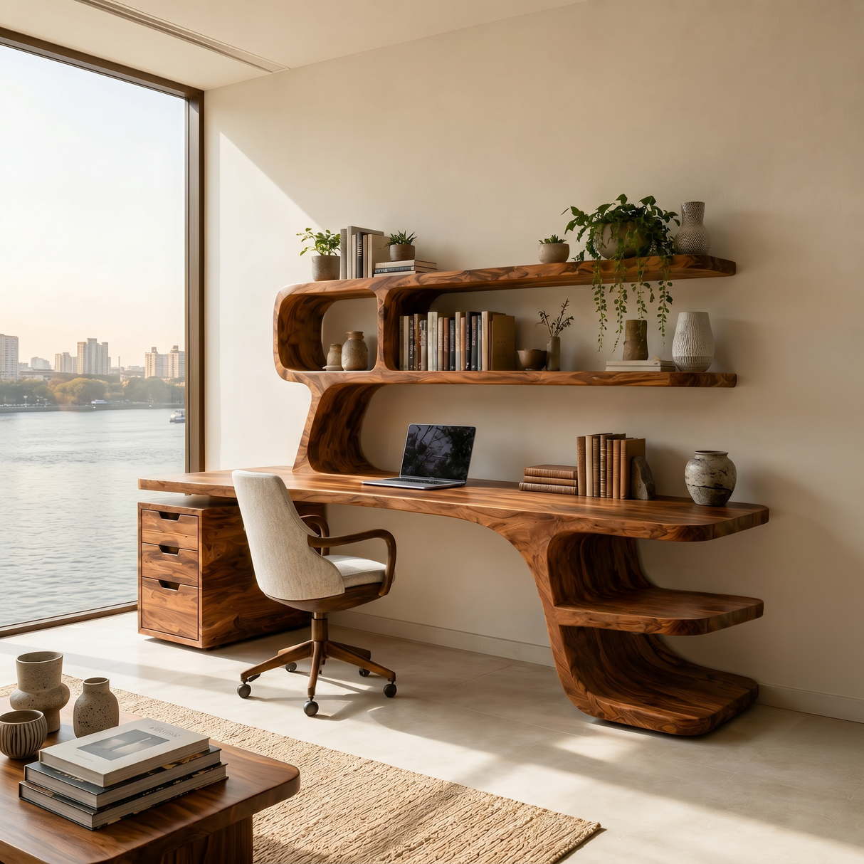 Contemporary Desk With Built In Bookshelves And Drawers For Workspace