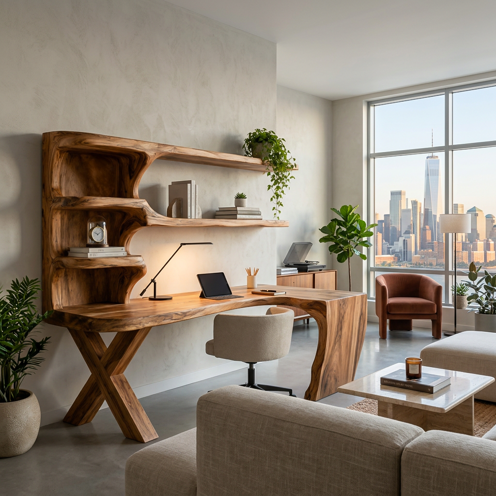 Contemporary Wood Desk With Curved Bookshelves For Home Office