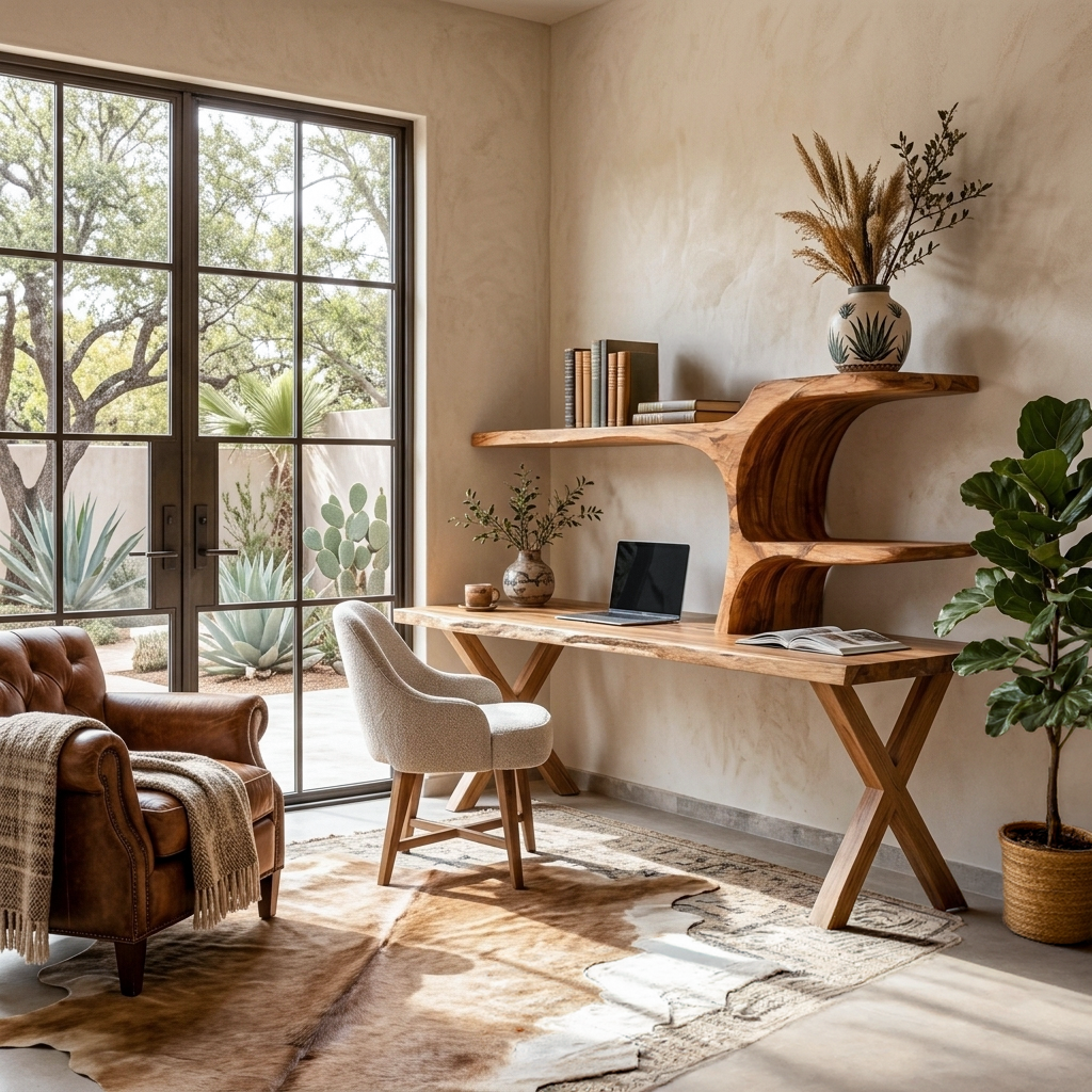 Organic Sculptural Wood Desk With Integrated Bookshelf For Home Office