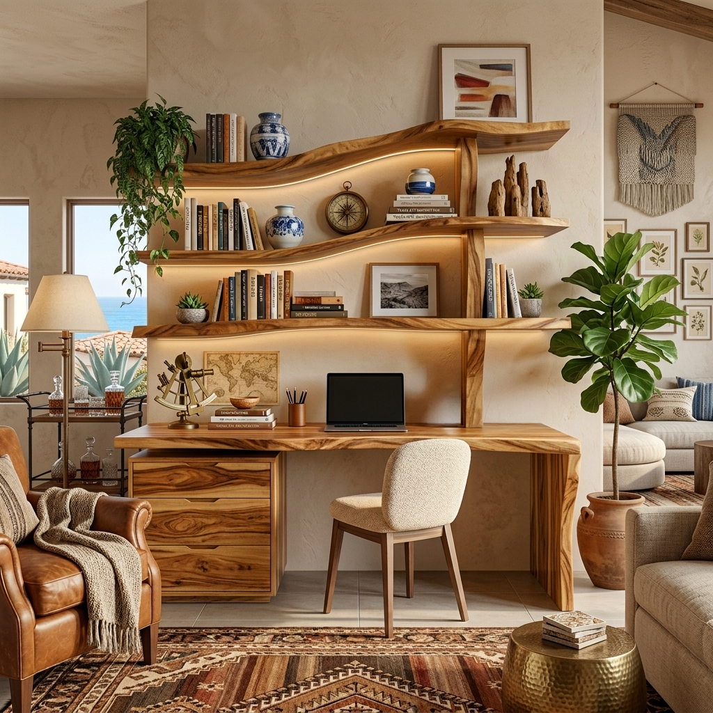 Wooden Desk With Curved Bookshelves And Drawers For Luxury Workspace