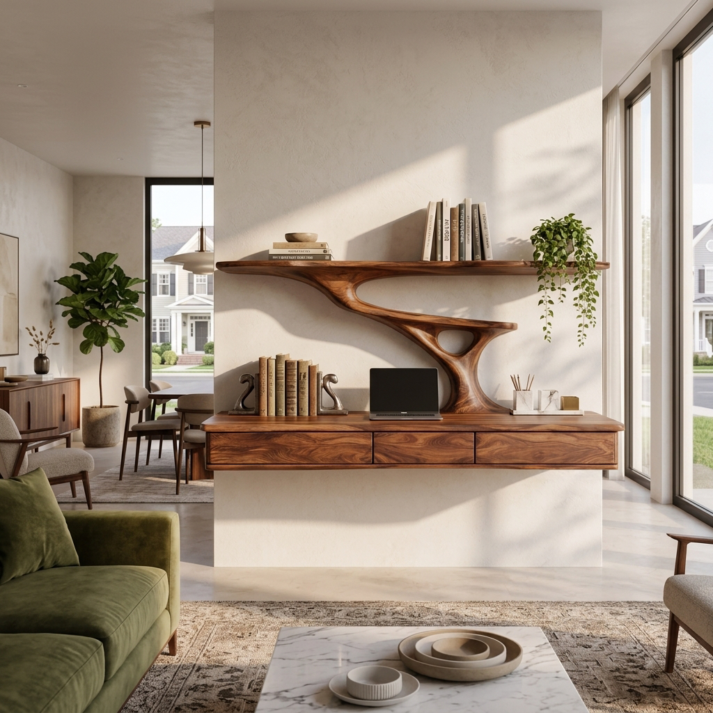 Wall Mounted Wood Desk With Upper Shelves For Home Office
