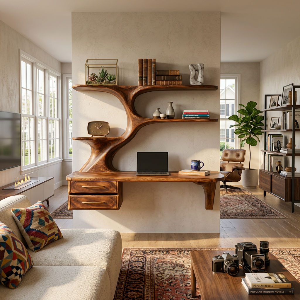 Organic Wooden Floating Desk With Branch Bookshelves For Home Office
