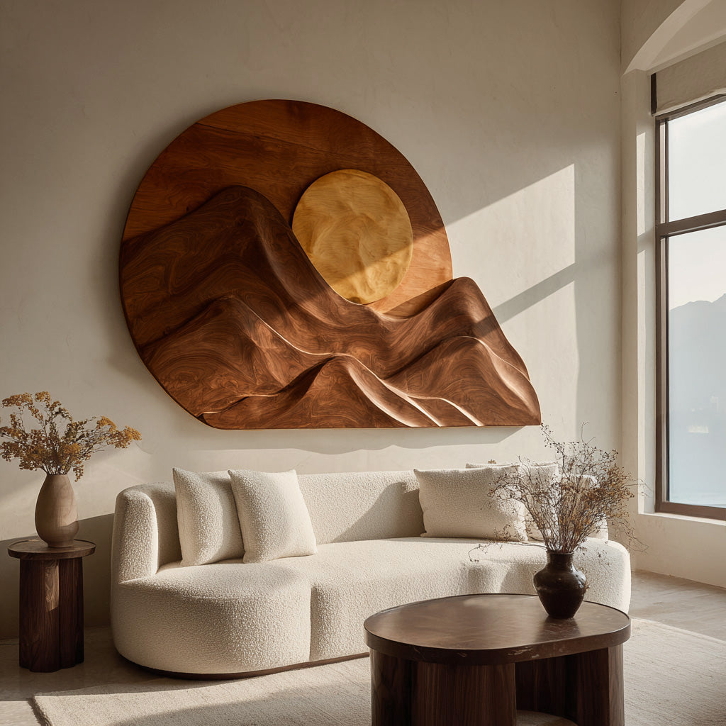 Handcrafted Mountain Sun Wood Wall Art For Living Room