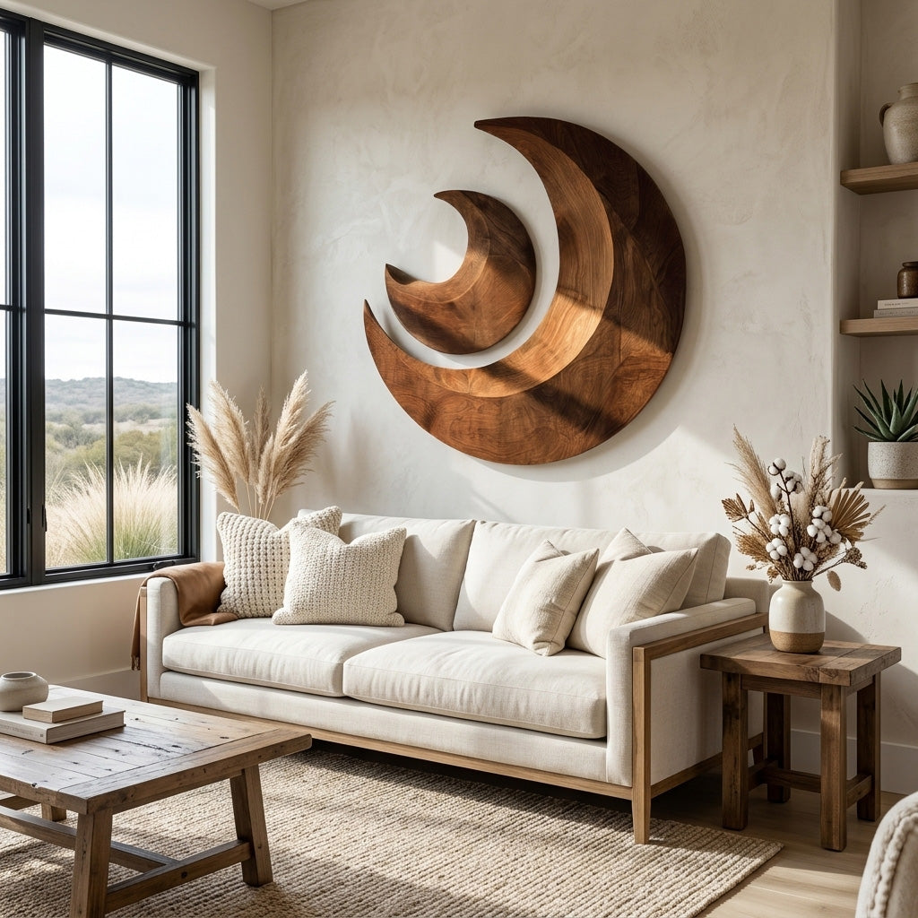 Organic Crescent Moon Wood Wall Art For Living Room