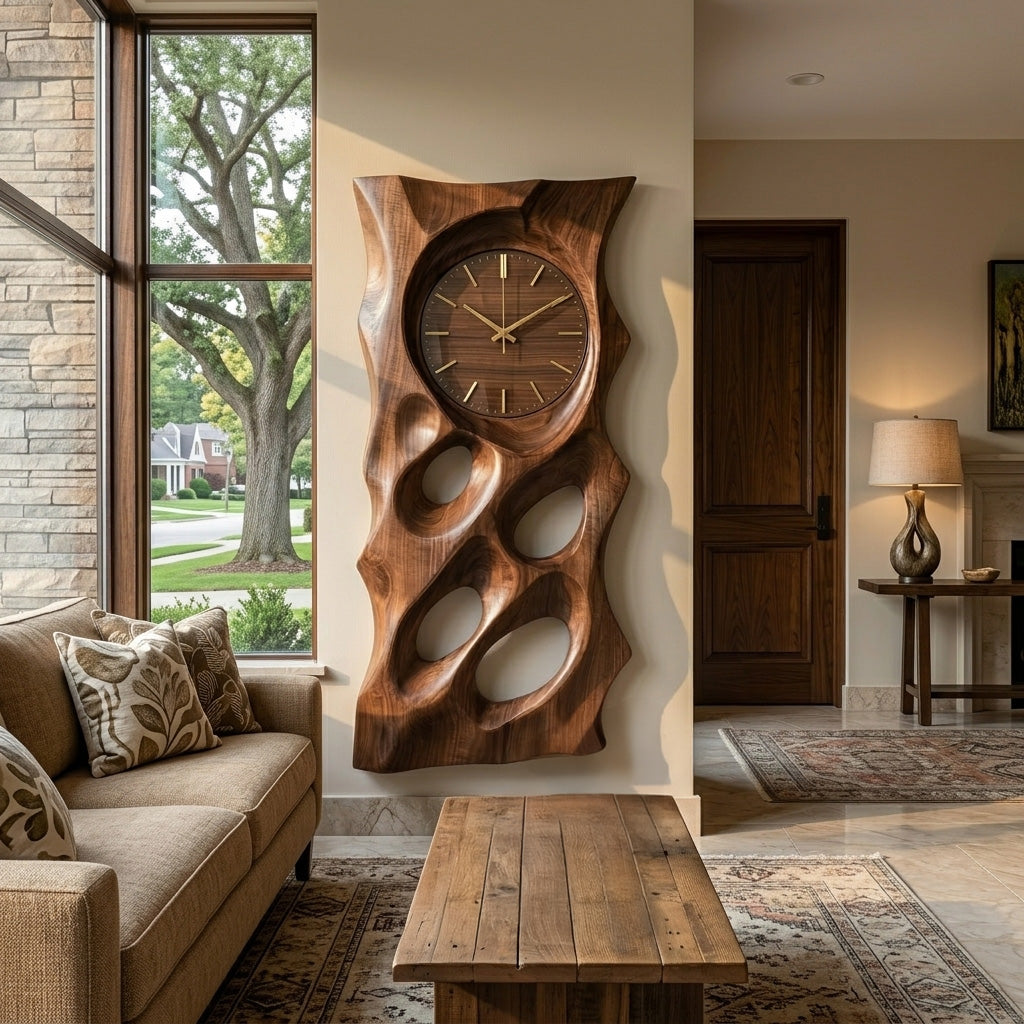 Organic Wooden Wall Clock With Hollow Form For Living Room