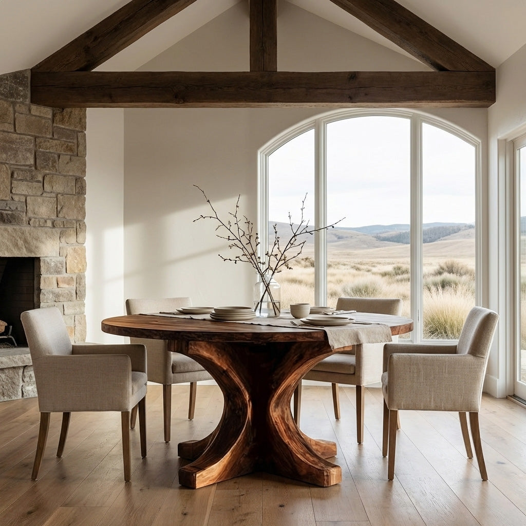 Modern Round Wooden Dining Table With Flared Base For Kitchen