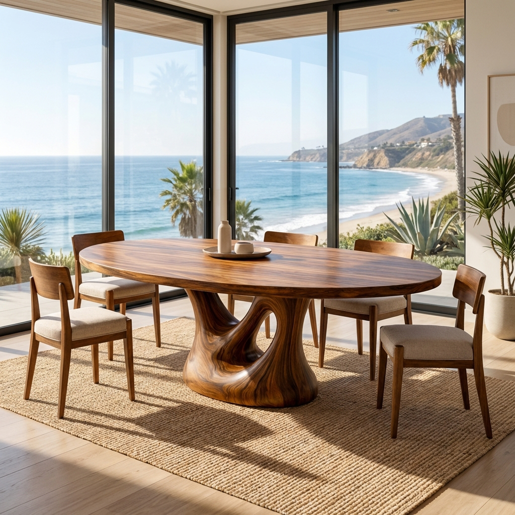 Farmhouse Wooden Dining Table With Sculptural Base For Dining Room