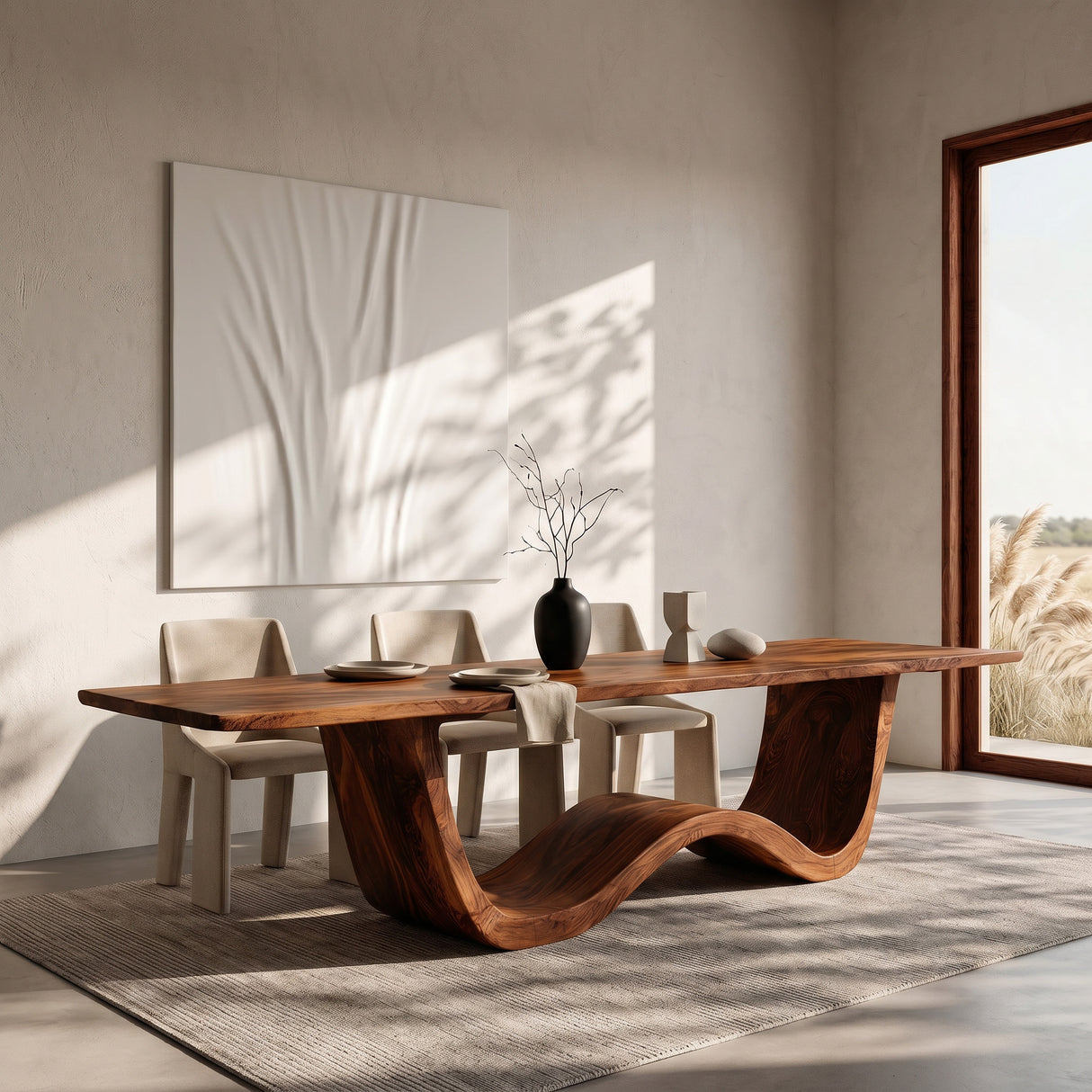 Luxury Wood Dining Table With Curved Pedestal For Dining Room