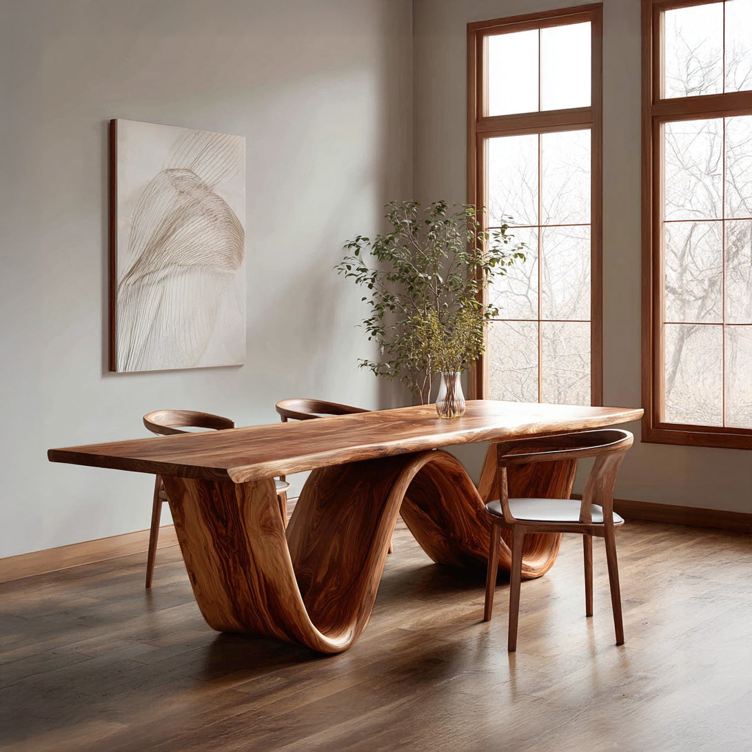 Organic Wooden Dining Table With W-shaped Base For Dining Space