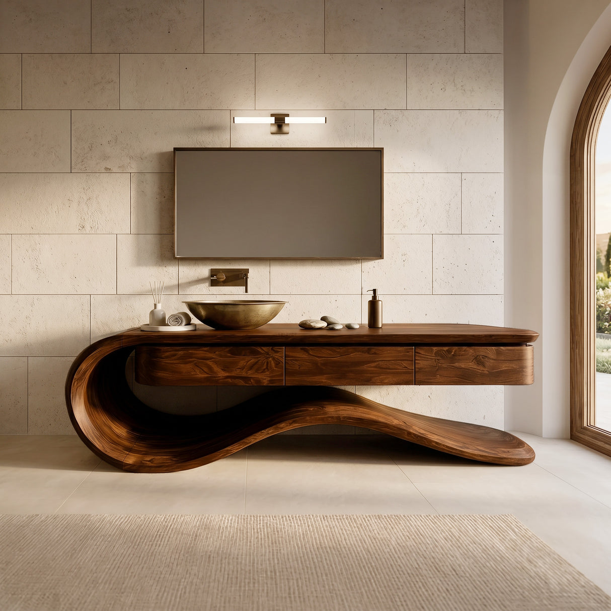 Contemporary Wooden Bathroom Vanity With Wave Base For Bathroom
