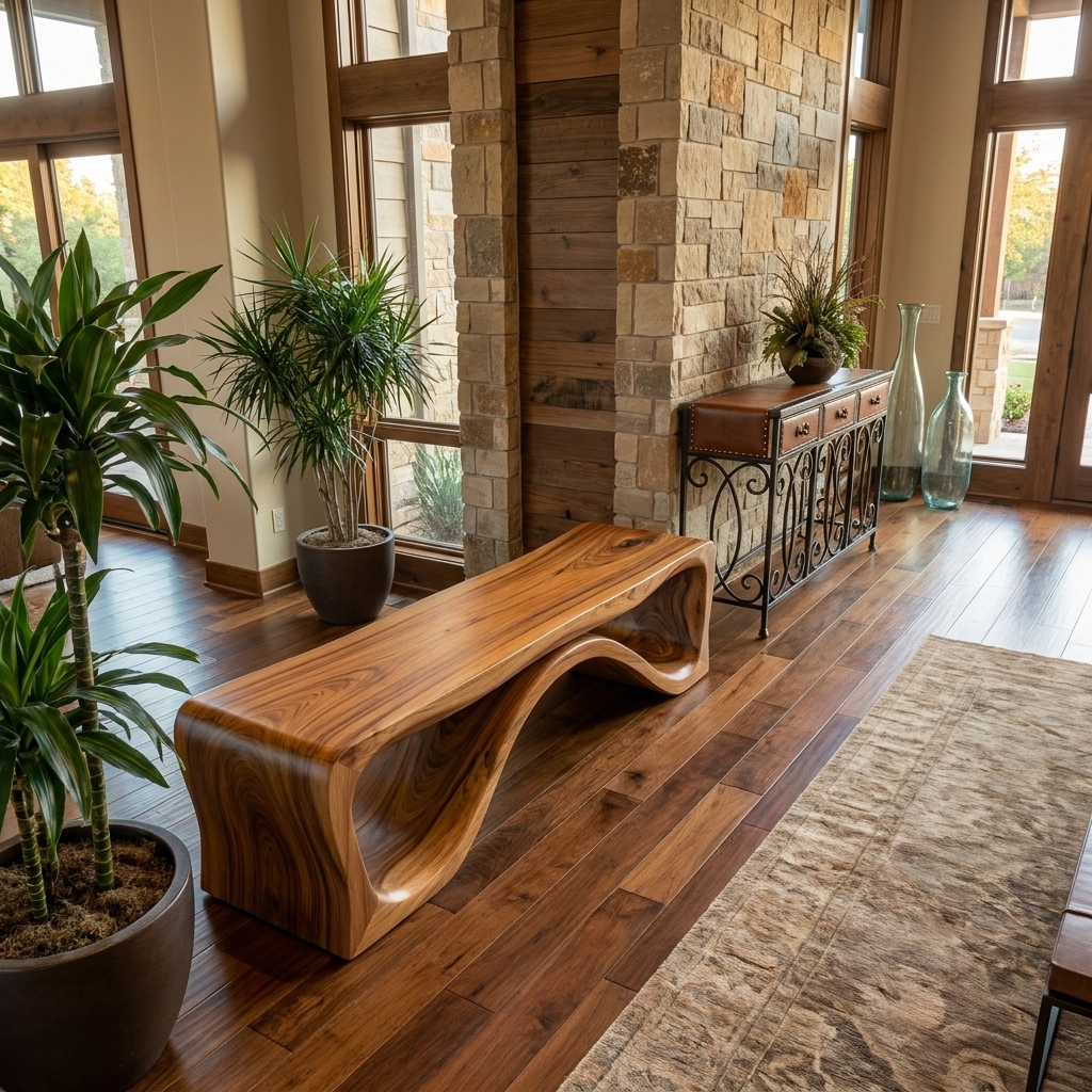 Luxury Wood Bench With Flowing Leg For Entryway