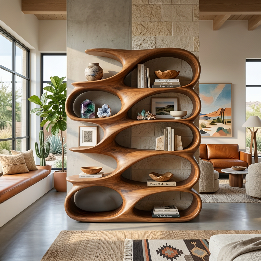 Modern Sculptural Bookshelf With Carved Flowing Shelves For Home