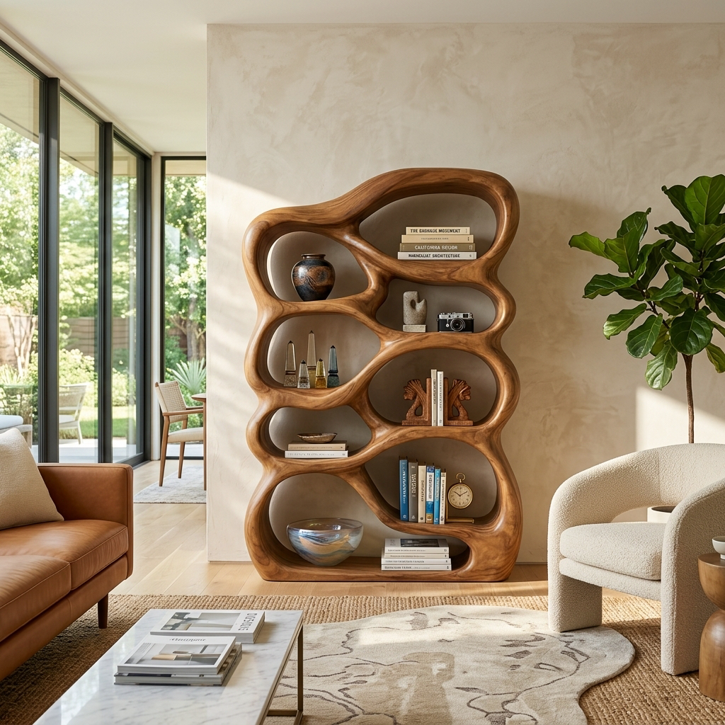 Handcrafted Bookshelf With Curved Open Compartments For Living Room