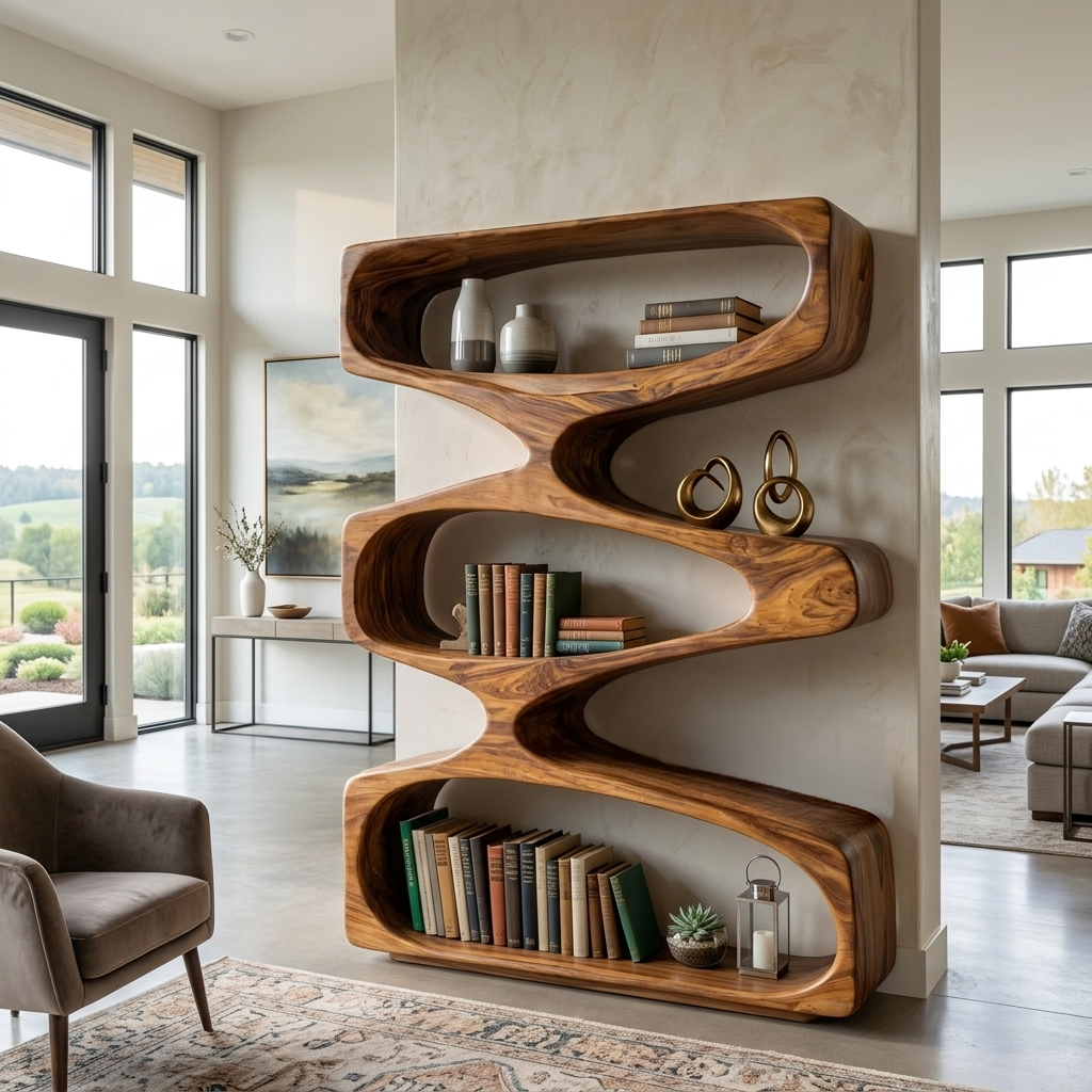 Organic Sculptural Bookshelf With 3 Tiers Storage For Living Room