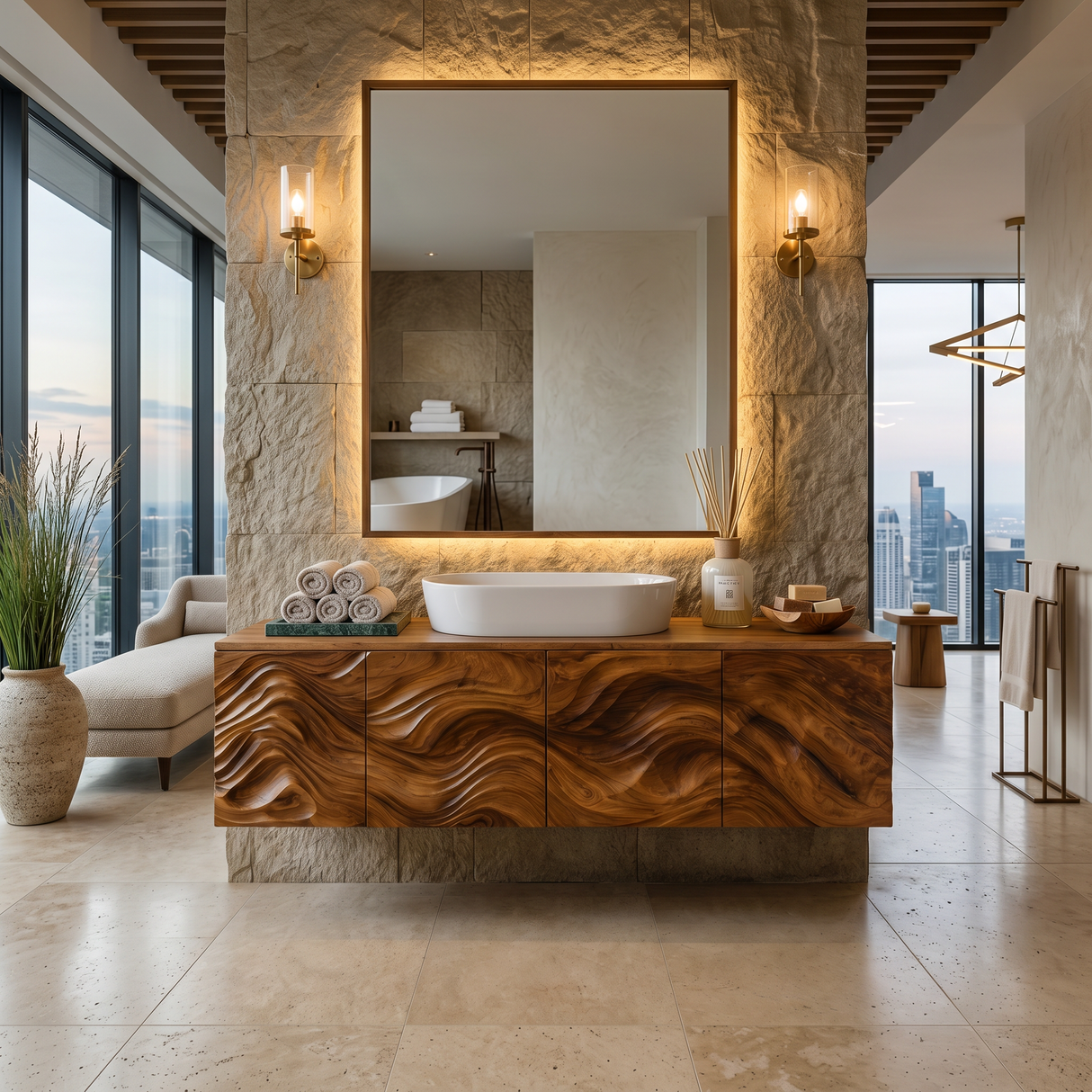 Wooden Floating Bathroom Vanity Wave Carved Cabinet For Bathroom Remodel