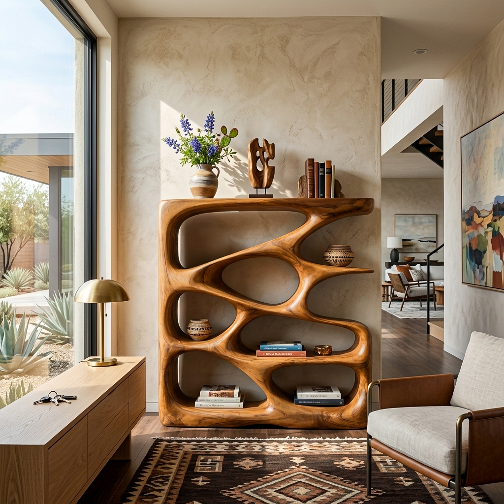 Designer Wooden Bookshelf With Sculptural Shelves For Decorative Accents
