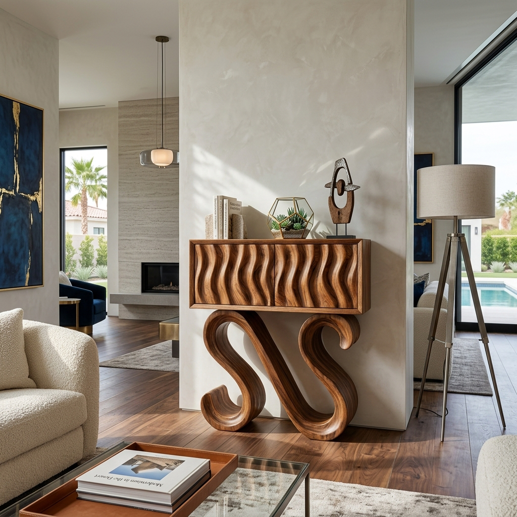 Contemporary Wood Console Table With Sculptural Undulating Legs For Home