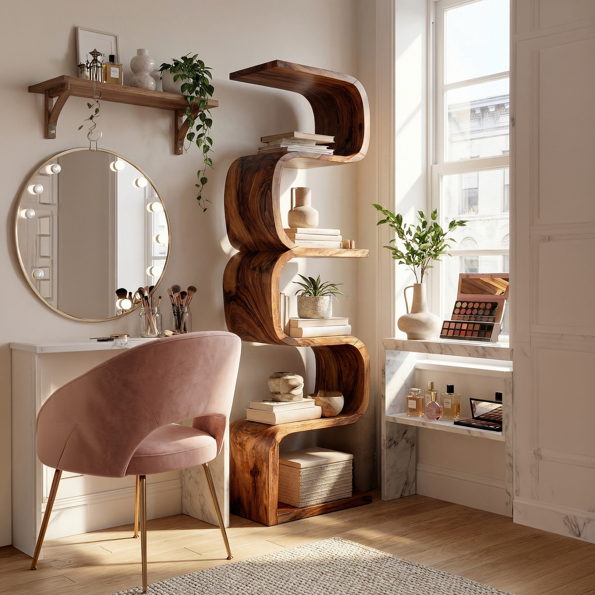 Rustic Farmhouse Wavy Bookshelf Bedroom Corner Display