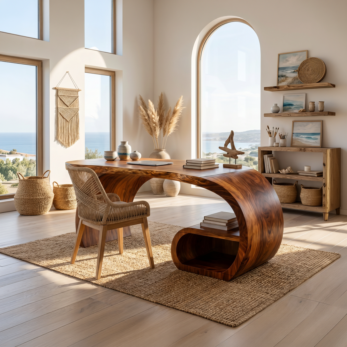 Contemporary Sculpted Desk With Side Shelf For Studio Interior