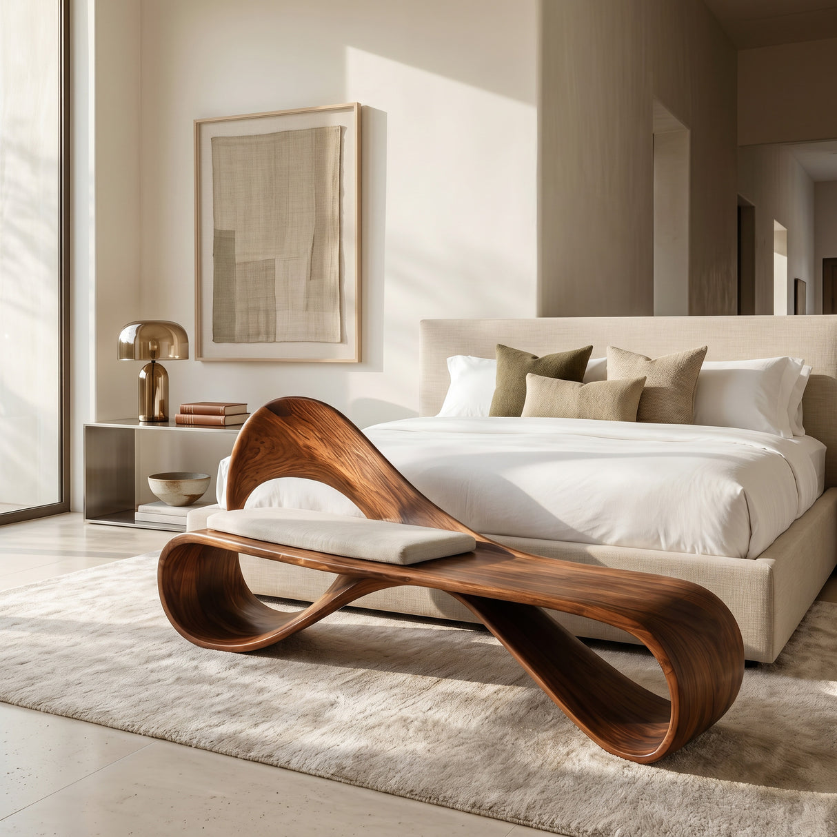 Modern Wooden Bench With Sculptural Curved Backrest For Reading Nook