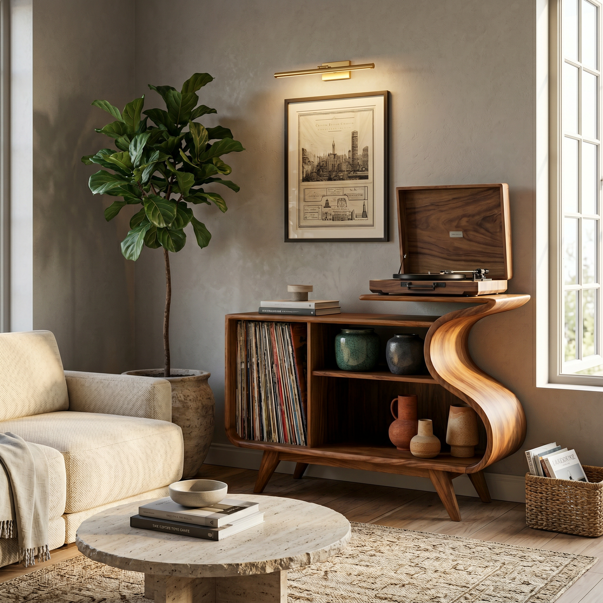 Wooden Record Player Cabinet With Integrated Shelving For Living Room