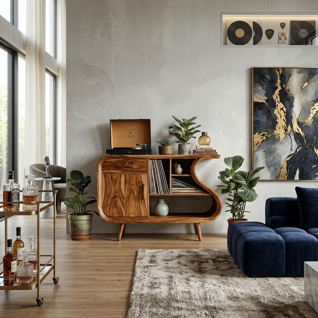 Modern Record Player Stand With S-shaped Side For Living Room
