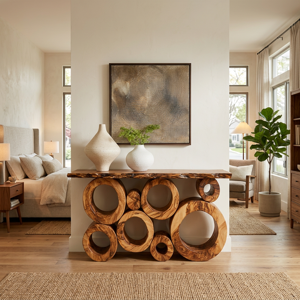 Wooden Console Table With Multiple Round Blocks Base For Hallway