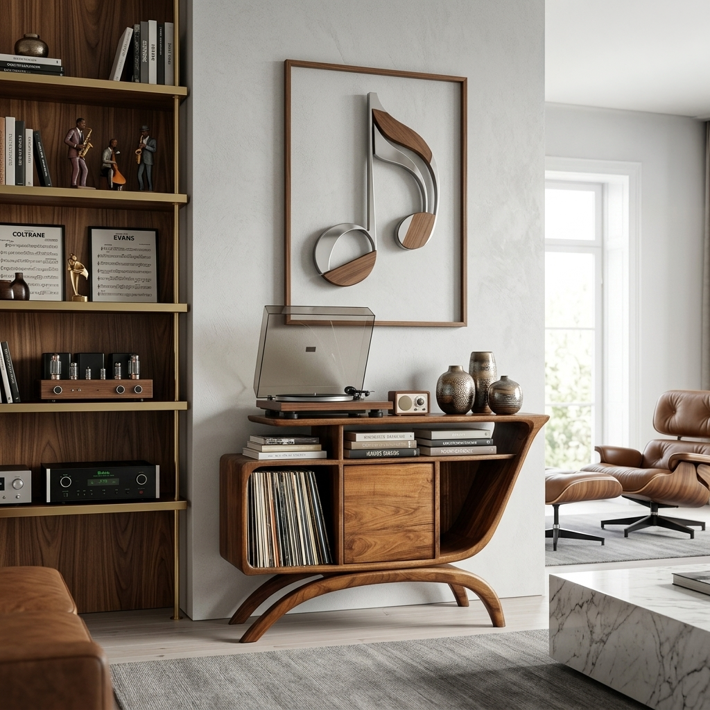 Mid Century Wooden Record Player Cabinet For Relax Room