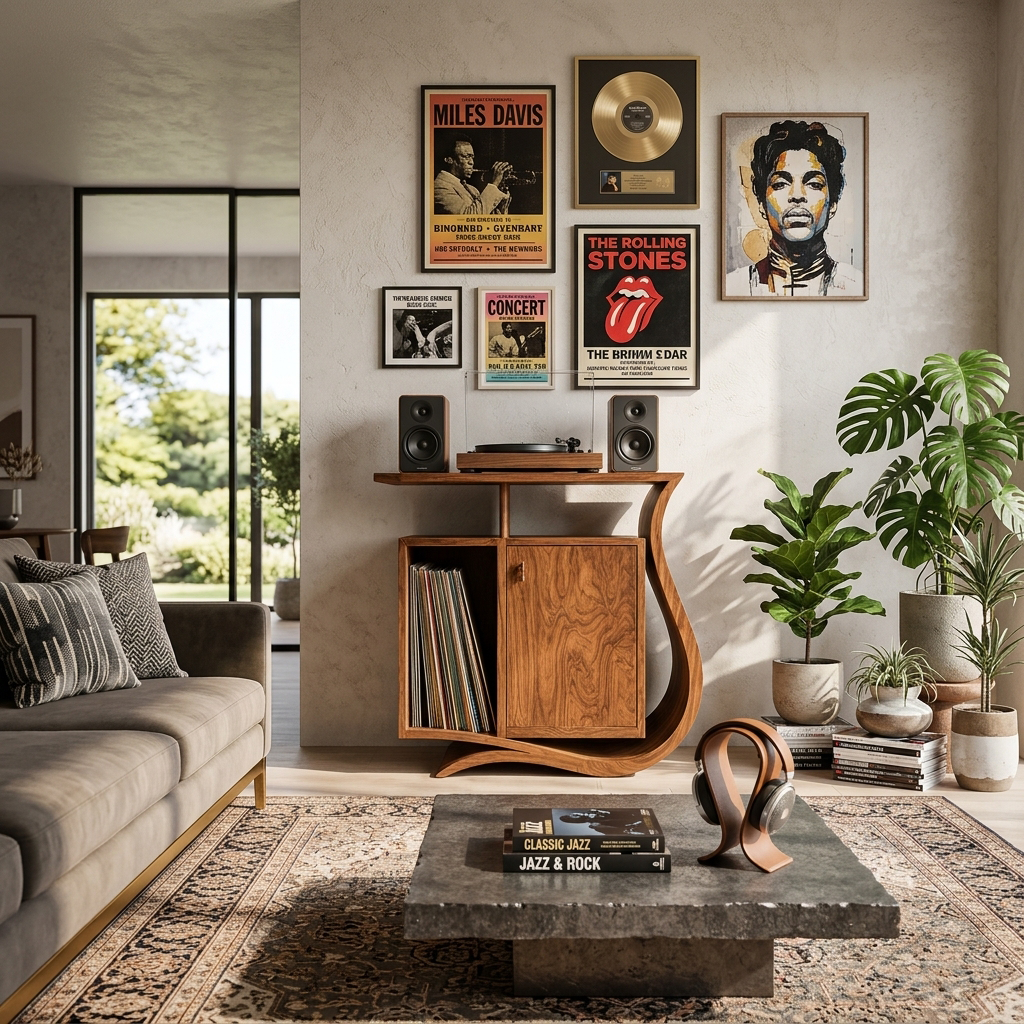 Contemporary Record Player Stand With Asymmetrical Form For Living Room