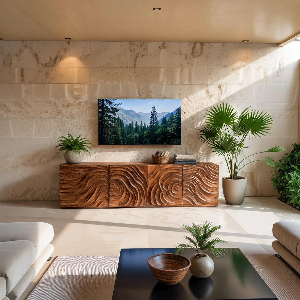 Modern TV Stand With Wave Carved Doors For Living Room