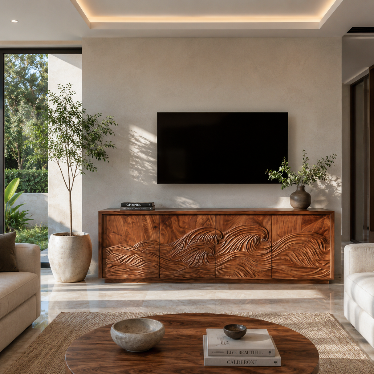 Contemporary TV Stand With Hand Carved Wave For Designer Homes