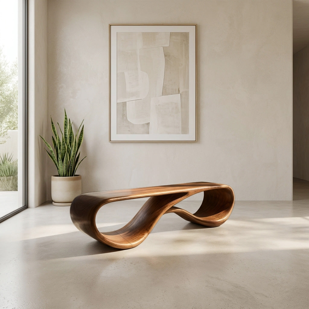Modern Sculptural Natural Wood Bench For Entryway Decor Space