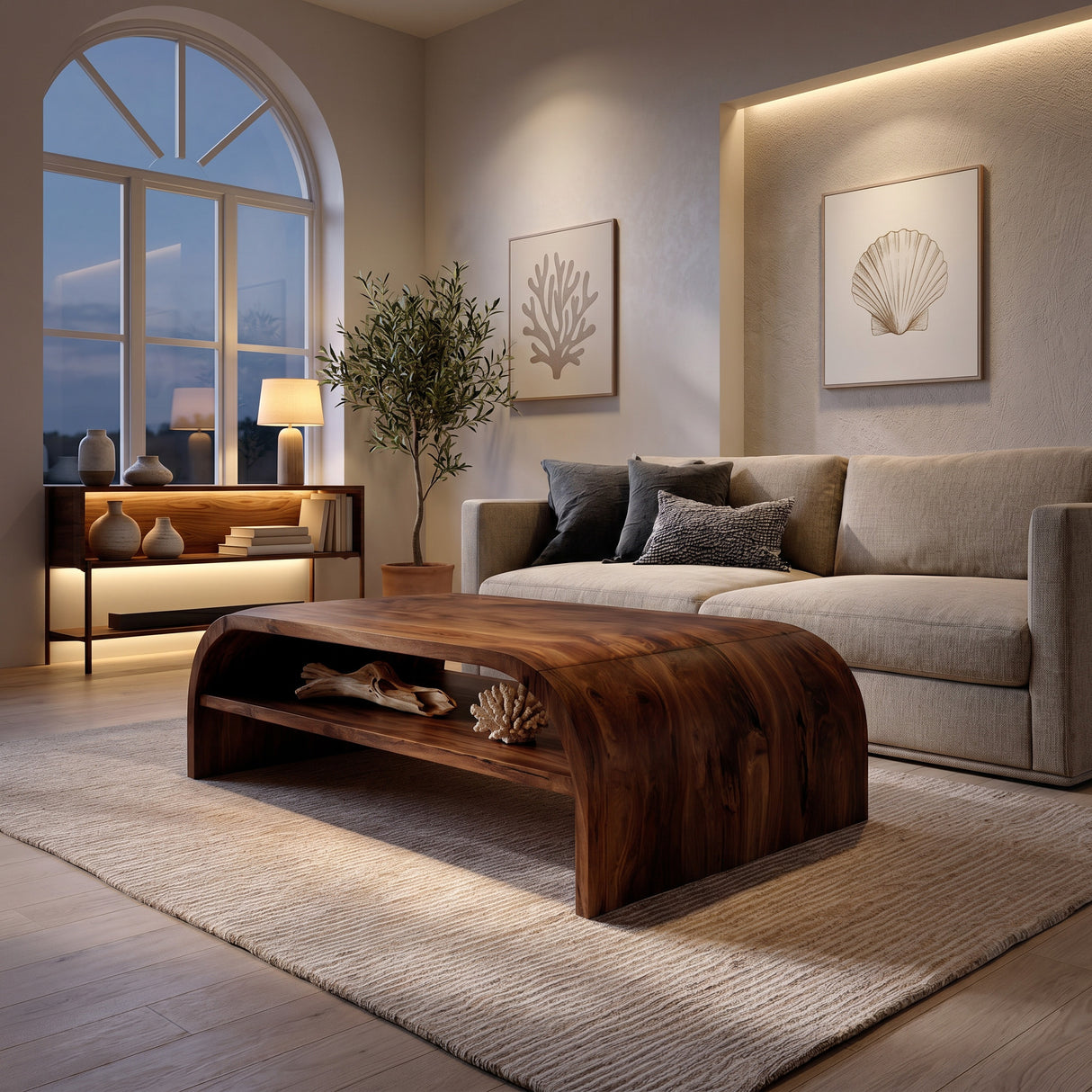 Modern Coffee Table With Flowing Rounded Edge For Living Room