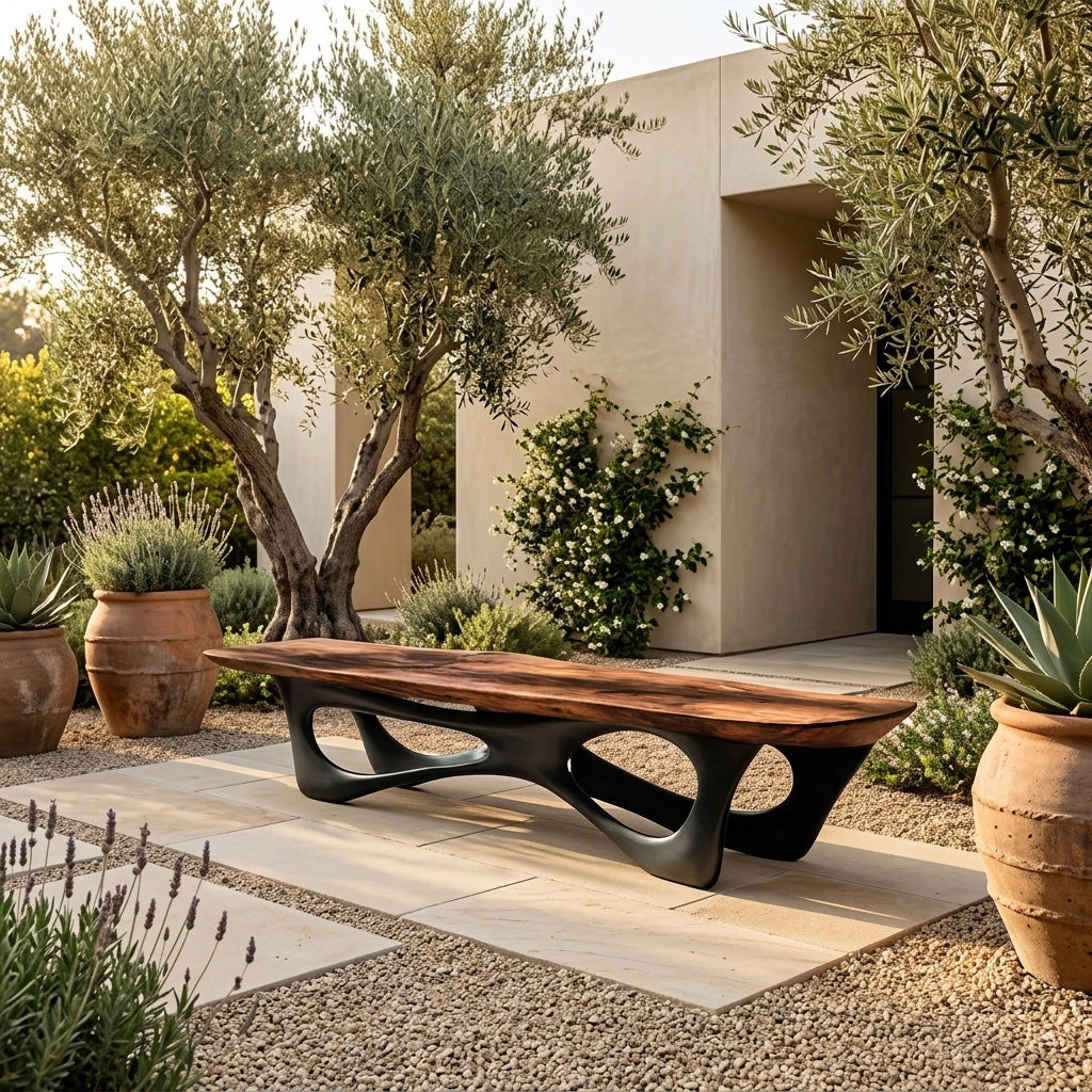 Curved Wooden Statement Bench For Modern Apartment