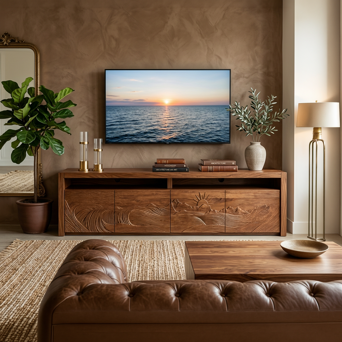 Organic TV Stand With Wave Carved Doors And Open Shelf For Home