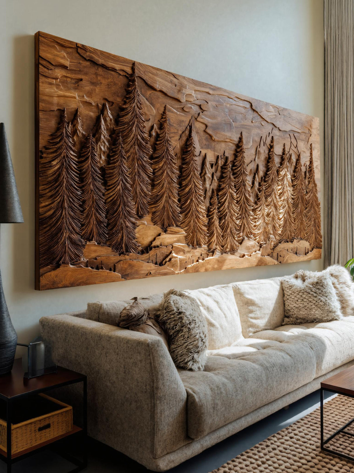 Hand Carved Wall Art With Forest Landscape For Living Room