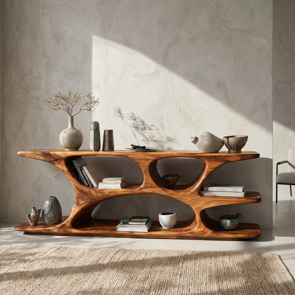 Sculptural Low Bookshelf With Multi Display Compartment For Living Room