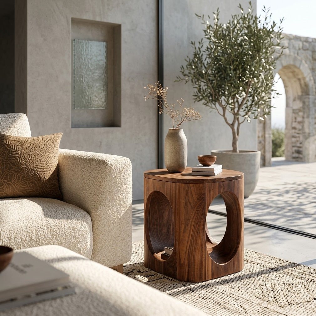 Geometric Carved Natural Wood Side Table For Living Room