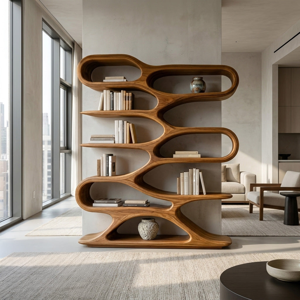 Organic Sculptural Wood Bookcase For Living Room Decor