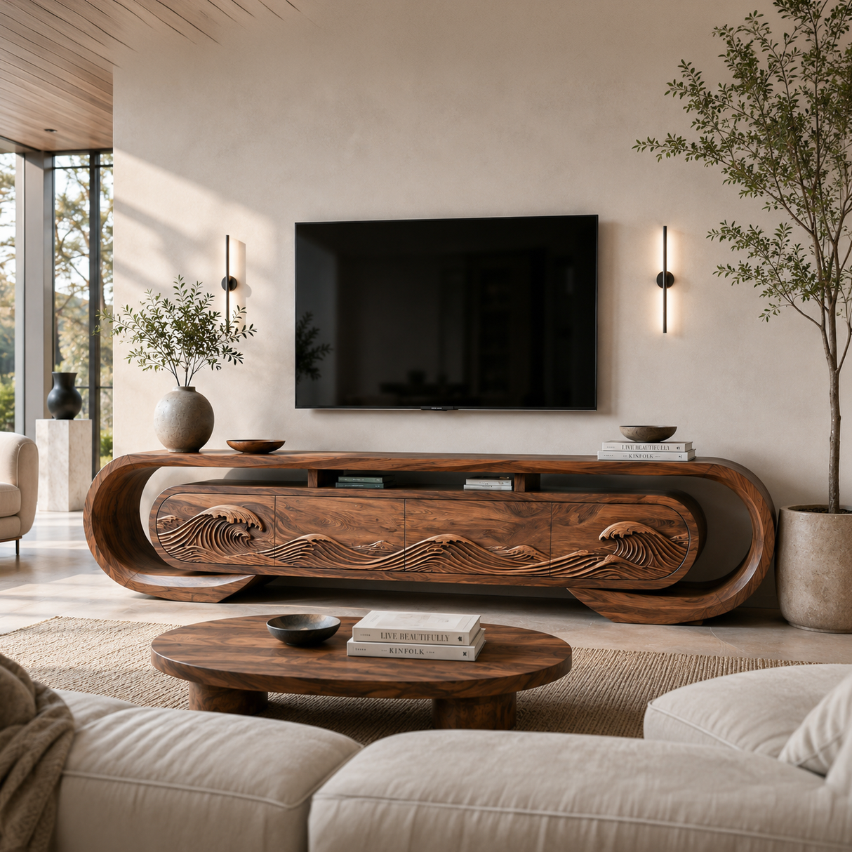 Contemporary TV Console Flowing Wave Carved Doors For Modern Interior