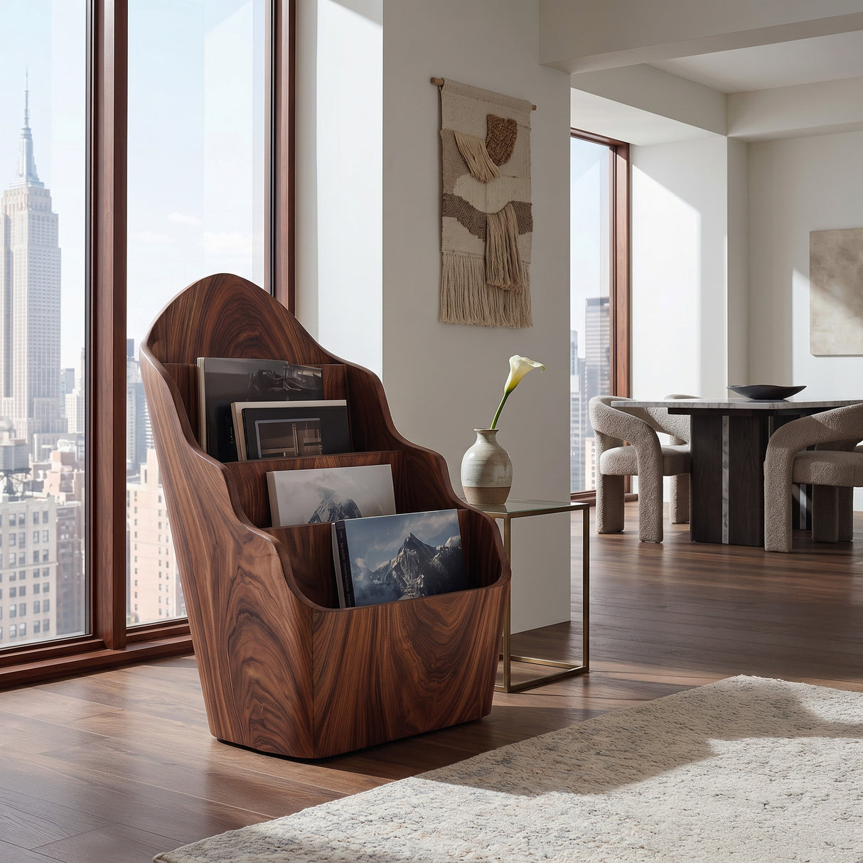 Organic Wooden Curved Tiered Magazine Rack For Living Room