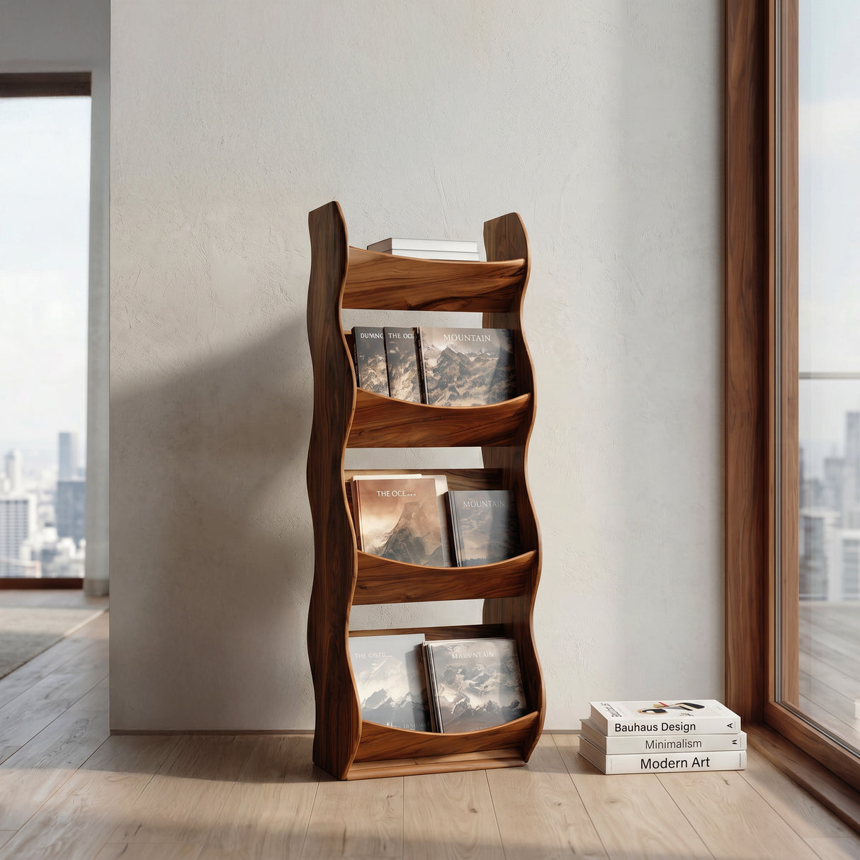Modern Natural Wood Tall Magazine Rack For Living Storage