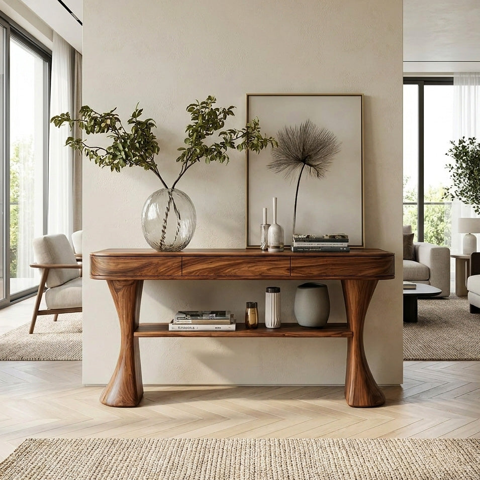 Scandinavian Sculptural Wood Console Table For Entryway